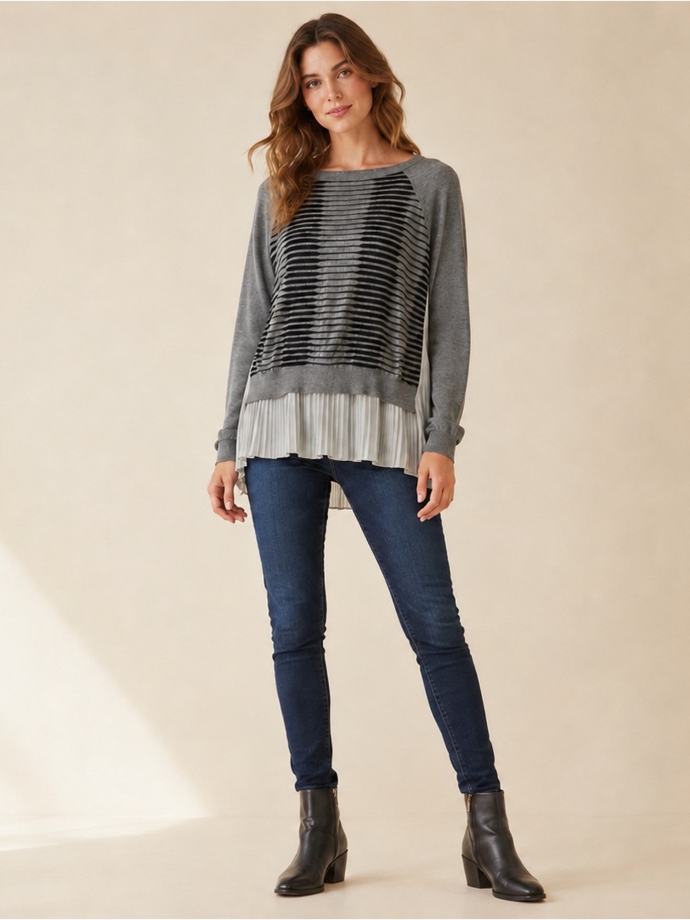 Patrizia Pepe Cashmere Silk Blend Grey Black Pleated Mixed-Media Tunic Top